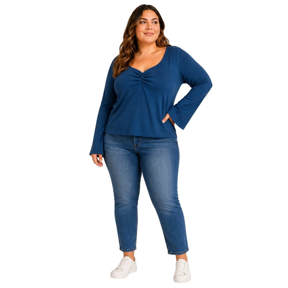 NWT rue 21 y2k 2X teal blue bell sleeve semi cropped lightweight ribbed top NEW